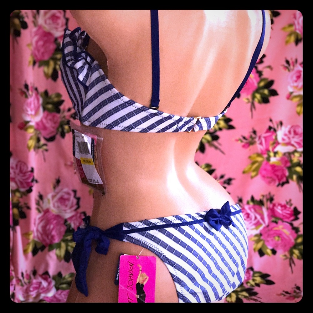 Retro Betsey Johnson blue white bikini striped sailor nautical captain swimsuit - Picture 4 of 6